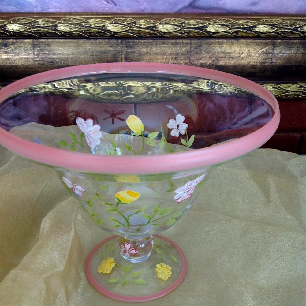 Vintage Clear Glass Handpainted Flowers and Rim